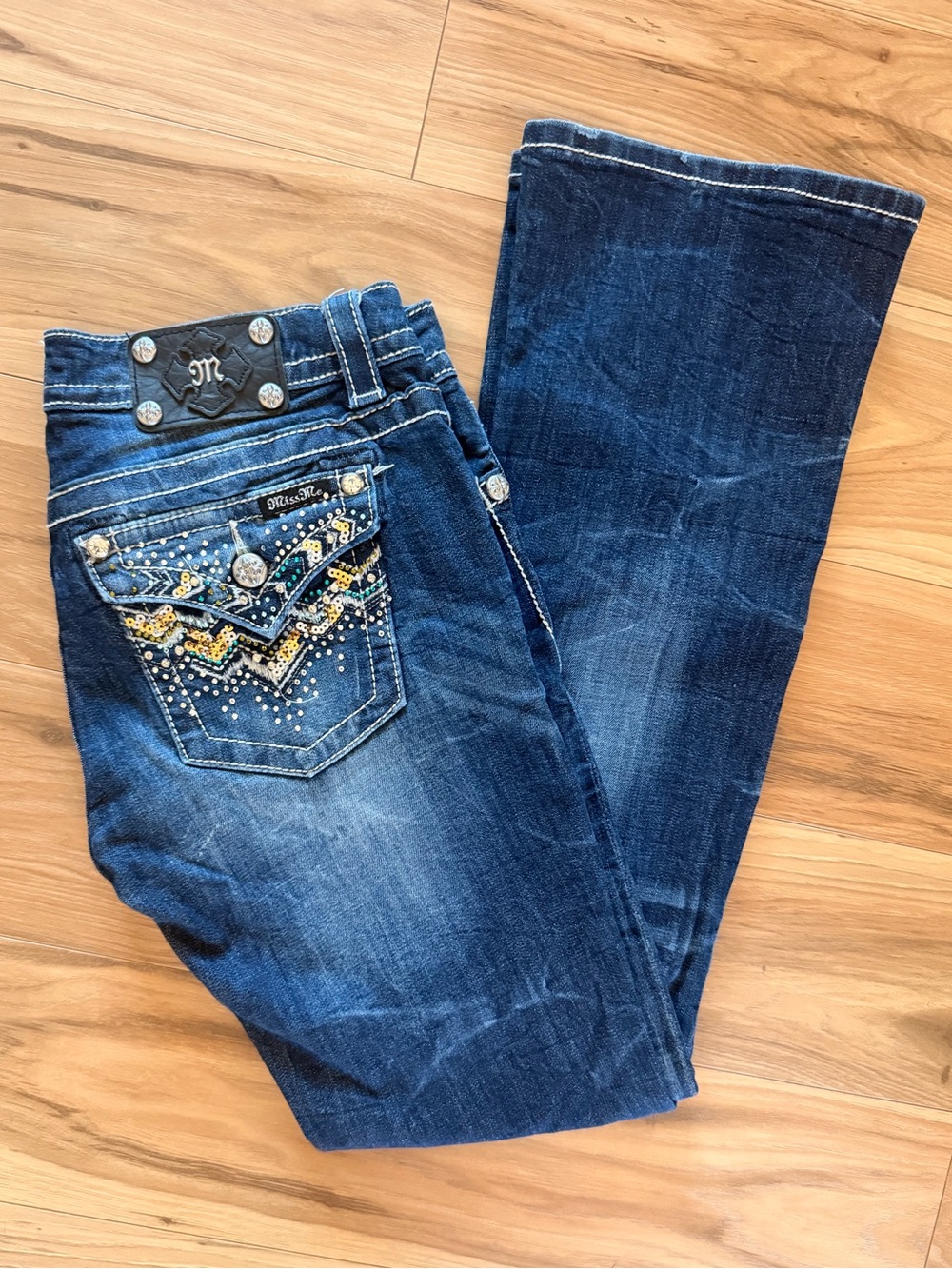 Miss Me Blue Denim Bootcut Jeans with Beaded Embellished Pockets